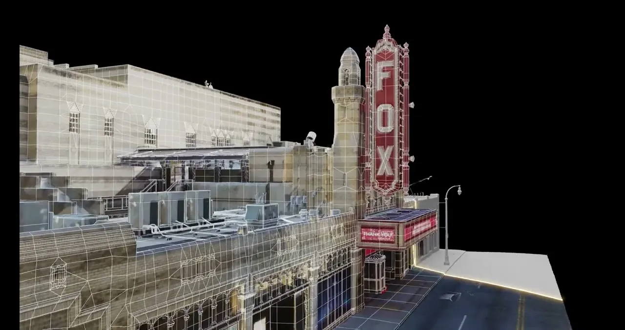 LiDAR point-cloud scan of a theatre exterior set