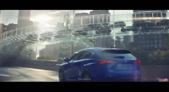 Frame from the all-new 2018 Lexus NX commercial (2017) with its city rendered in glass — Glass World