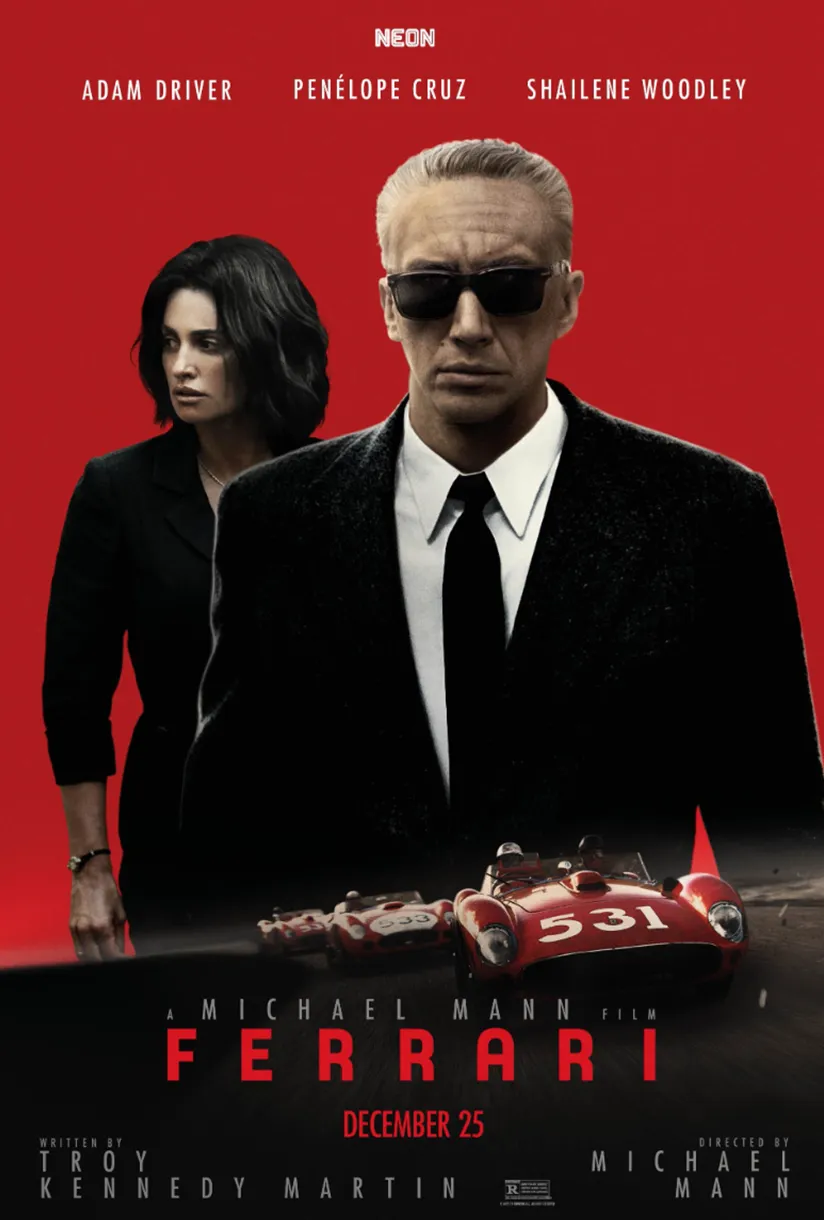 Official poster for Ferrari (2023) — Michael Mann film starring Adam Driver as Enzo Ferrari