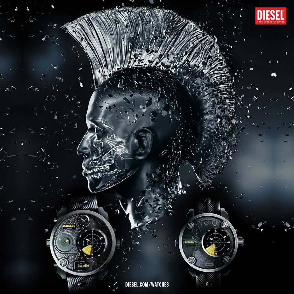 Still from the Diesel Watches “Mohican” TV ad (2013) with the sculpted 3D Diesel logo