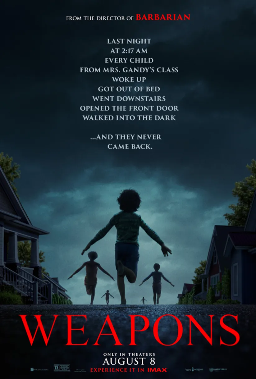 Official poster for Weapons (2025) — Warner Bros. horror film from Zach Cregger